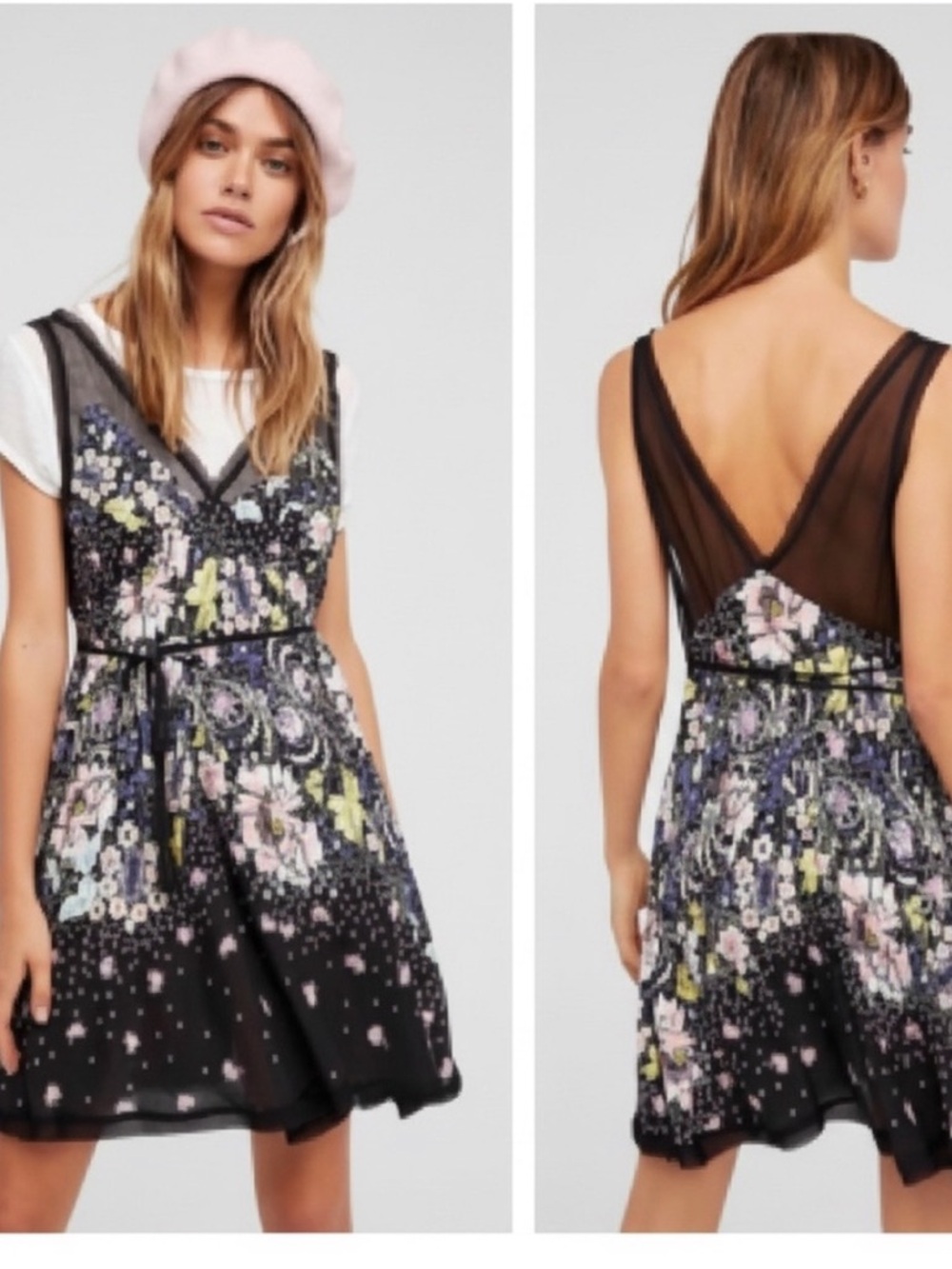 Free People Longwood Slip Black Floral Lace-Trim Slip Mini Dress Size Medium